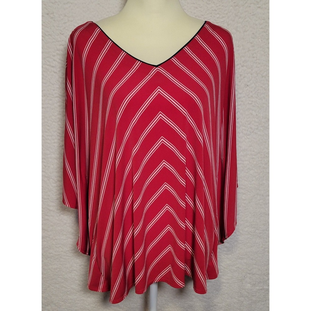 SUSAN‎ GRAVER Womens Blouse Size XL Red White V-Neck Batwing Sleeve Top 1198